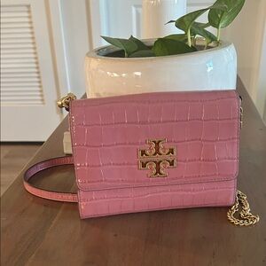 Tory Burch Rose Pink Croc-Embossed Leather Crossbody with Gold Logo